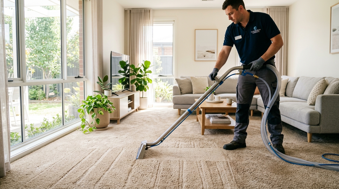 Professional carpet steam extraction equipment cleaning plush carpet in a clean living room